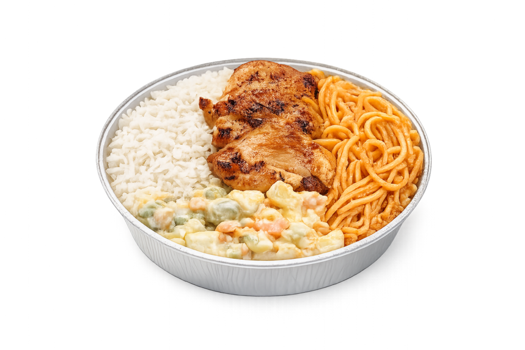 Marmitex com frango assado na brasa P/M/G