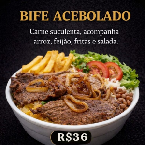 Marmitex Bife Acebolado R$36