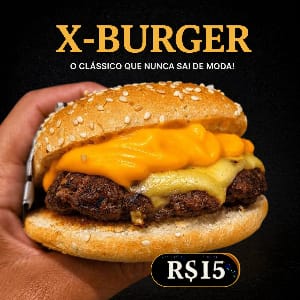 X-Burger do Brasa Viva com hambúrguer bovino, queijo derretido e pão com gergelim