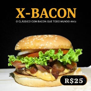 X-Bacon do Brasa Viva com hambúrguer bovino, bacon crocante, queijo derretido e pão com gergelim