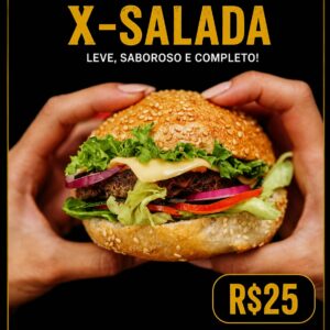 X-Salada do Brasa Viva com hambúrguer bovino de 120g, queijo derretido, alface, tomate e pão com gergelim.