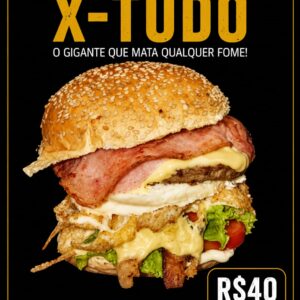 X-Tudo do Brasa Viva com hambúrguer bovino de 120g, bacon, ovo, queijo, alface, tomate e pão com gergelim.